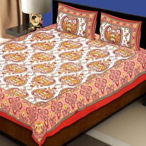 Red Border Multi Color Floral Pattern Screen Print Cotton Double Bed Sheet
