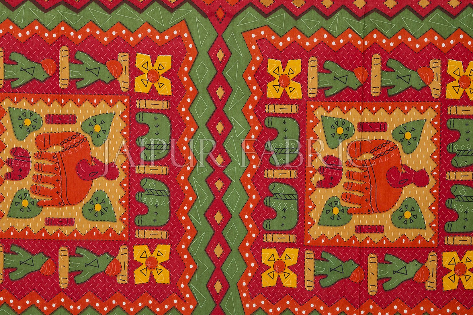 Orange Border Square Box Elephant Pattern Screen Print Cotton Double Bed Sheet