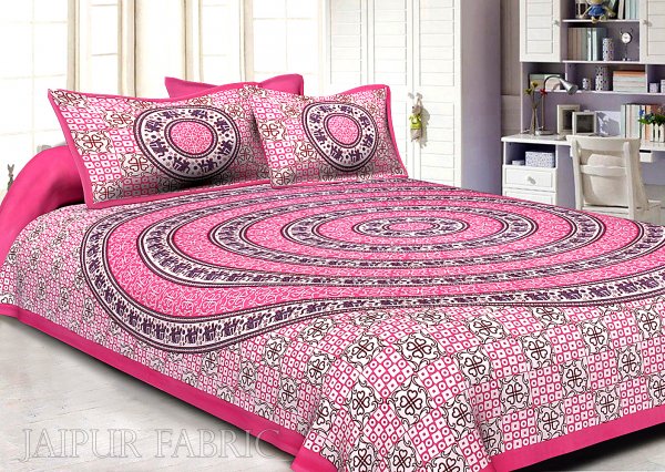 Hot Pink Border Circle Elephant Pattern Screen Print Cotton Double Bed Sheet
