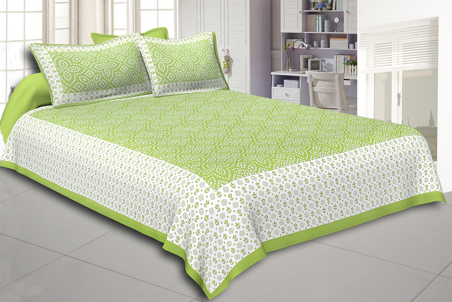 Green Border White Base Bandhej Pattern Screen Print Cotton Double Bed Sheet