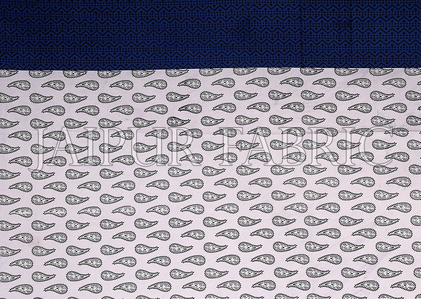 Navy Blue Border White Base Floral Pattern Screen Print Cotton Double Bed Sheet