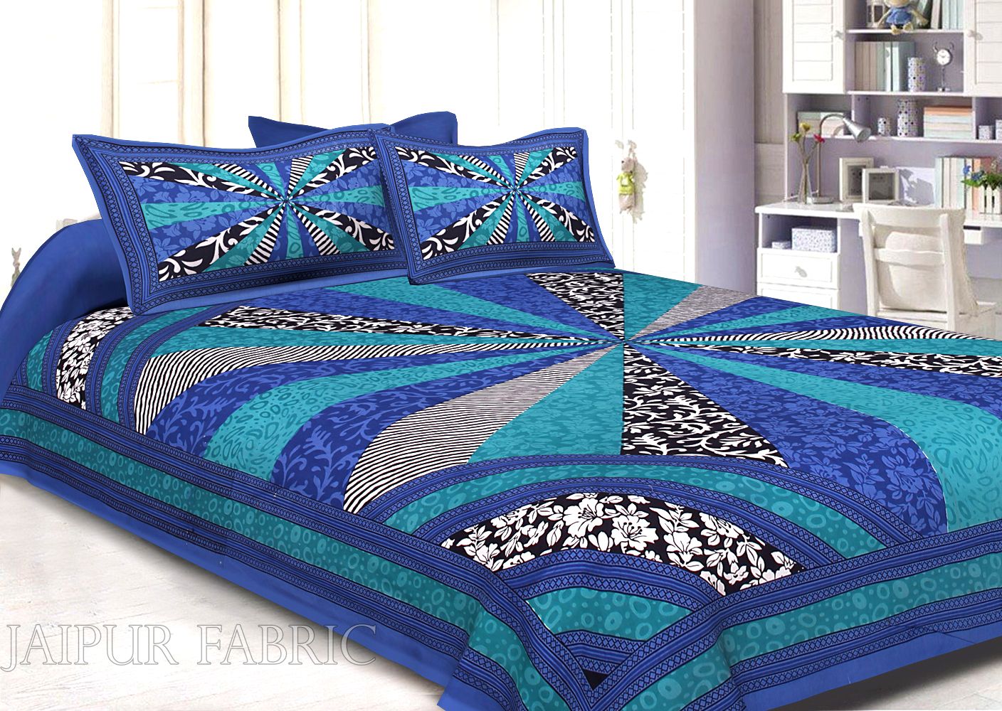 Blue Border Multi Pattern Screen Print Cotton Double Bed Sheet