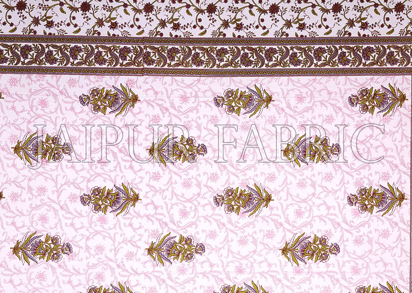 Pink Border White Base Flower & Leaf Pattern Screen Print Cotton Double Bed Sheet