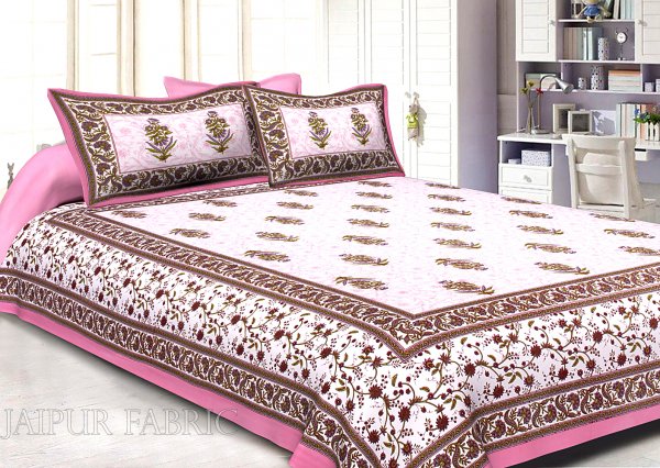 Pink Border White Base Flower &amp; Leaf Pattern Screen Print Cotton Double Bed Sheet