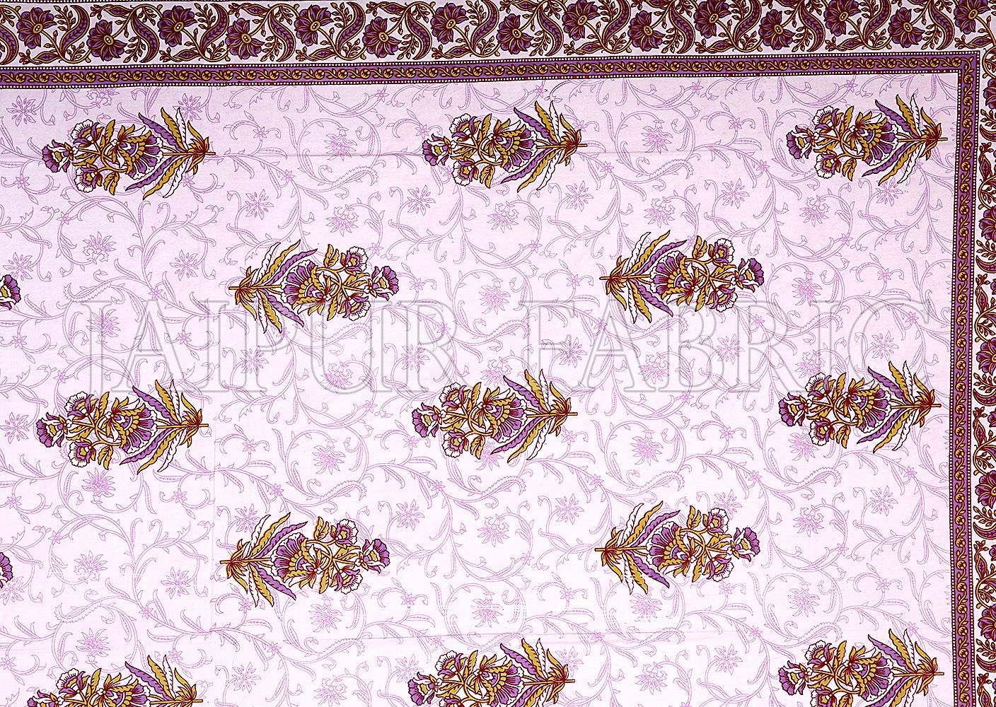 Purple  Border White Base Flower & Leaf Pattern Screen Print Cotton Double Bed Sheet