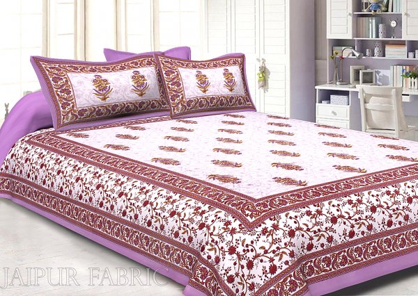 Purple  Border White Base Flower &amp; Leaf Pattern Screen Print Cotton Double Bed Sheet