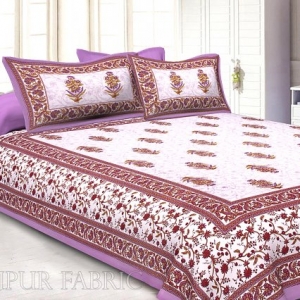 Purple  Border White Base Flower &amp; Leaf Pattern Screen Print Cotton Double Bed Sheet