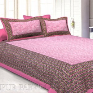 Pink Border Zig Zag  Pattern Screen Print Cotton Double Bed Sheet