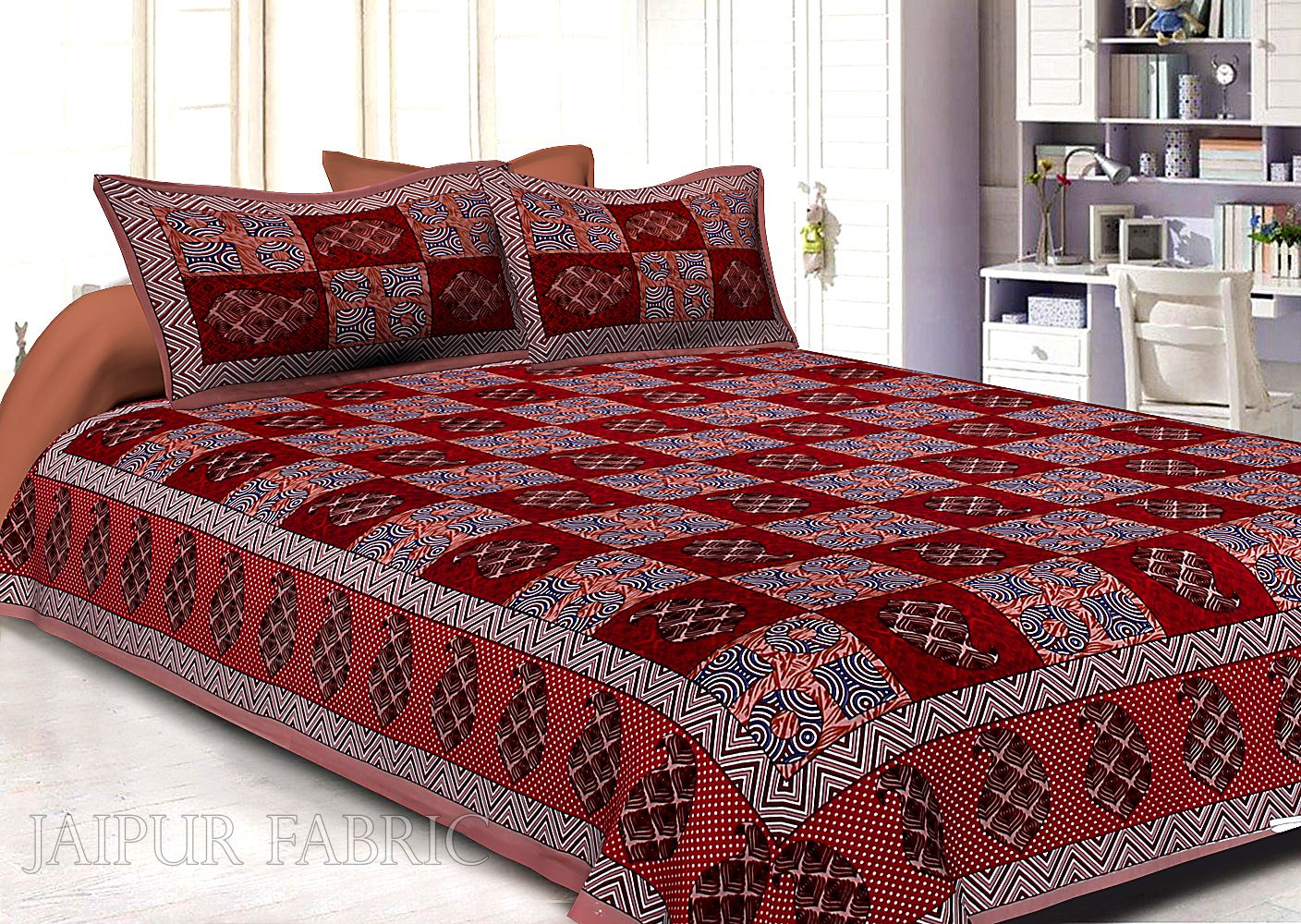 Rosy Brown Border Circle Pattern Screen Print Cotton Double Bed Sheet