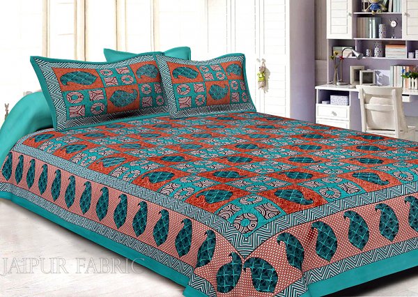 Turquoise Border Circle Pattern Screen Print Cotton Double Bed Sheet