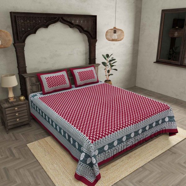 Maroon Border Maroon Base Floral Pattern Screen Print Cotton Double Bed Sheet