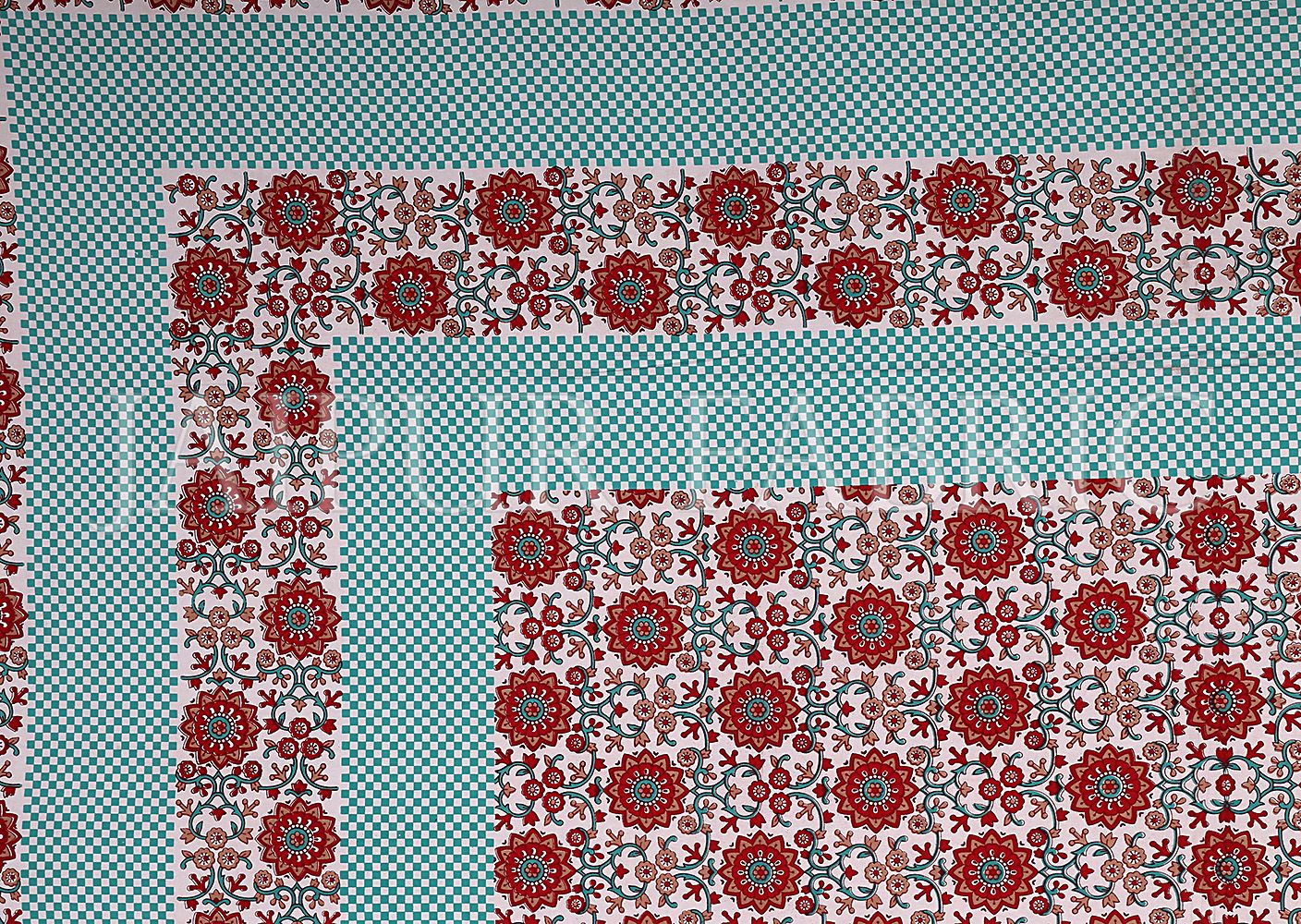 Brown Border White Base Floral Pattern Screen Print Cotton Double Bed Sheet
