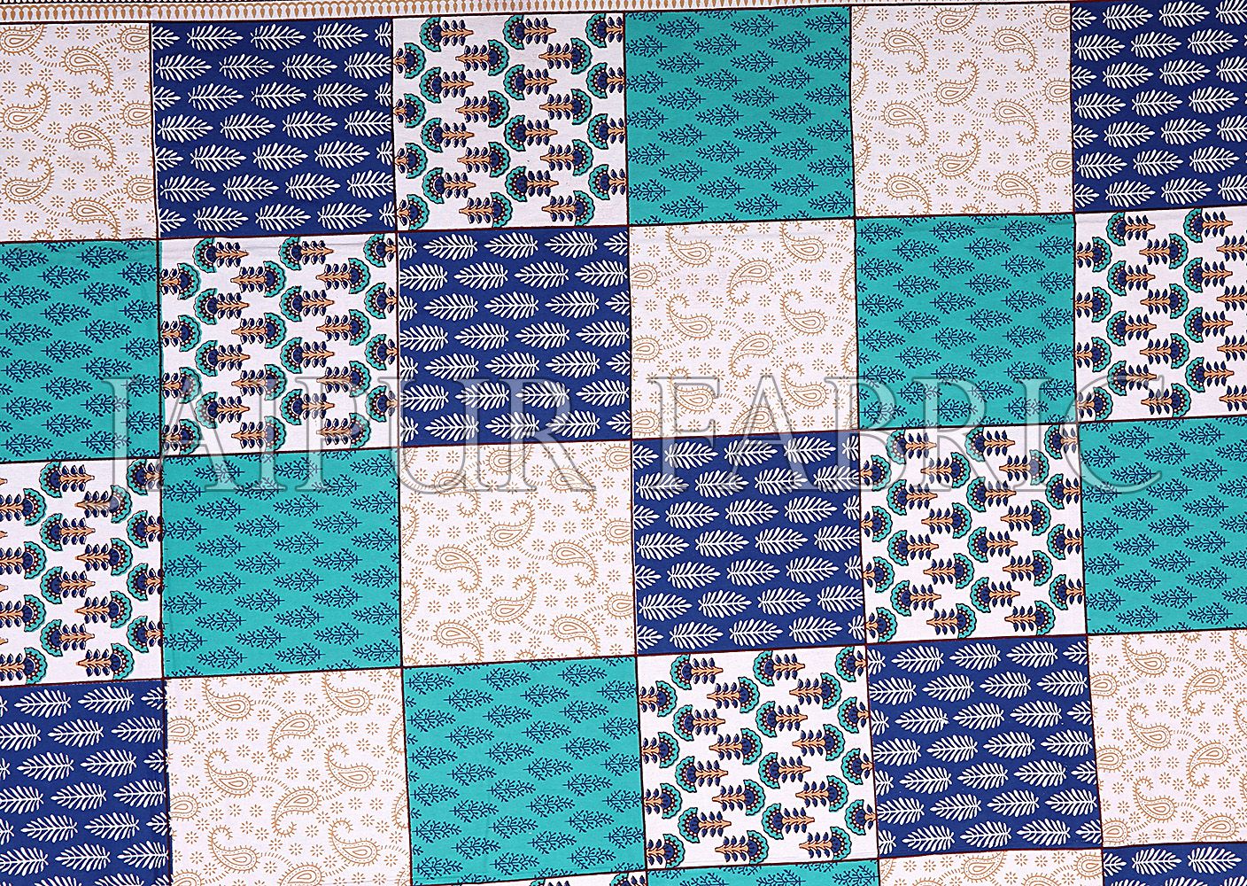 Sea Green Border Square Pattern Screen Print Cotton Double Bed Sheet