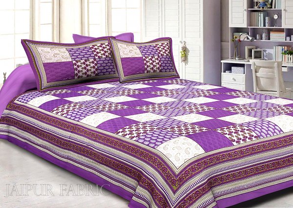 Purple Border Square Pattern Screen Print Cotton Double Bed Sheet