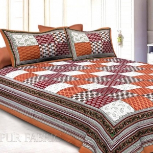 Brown Border Square Pattern Screen Print Cotton Double Bed Sheet