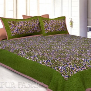Olive Drab Border Leaf Pattern Screen Print Cotton Double Bed Sheet