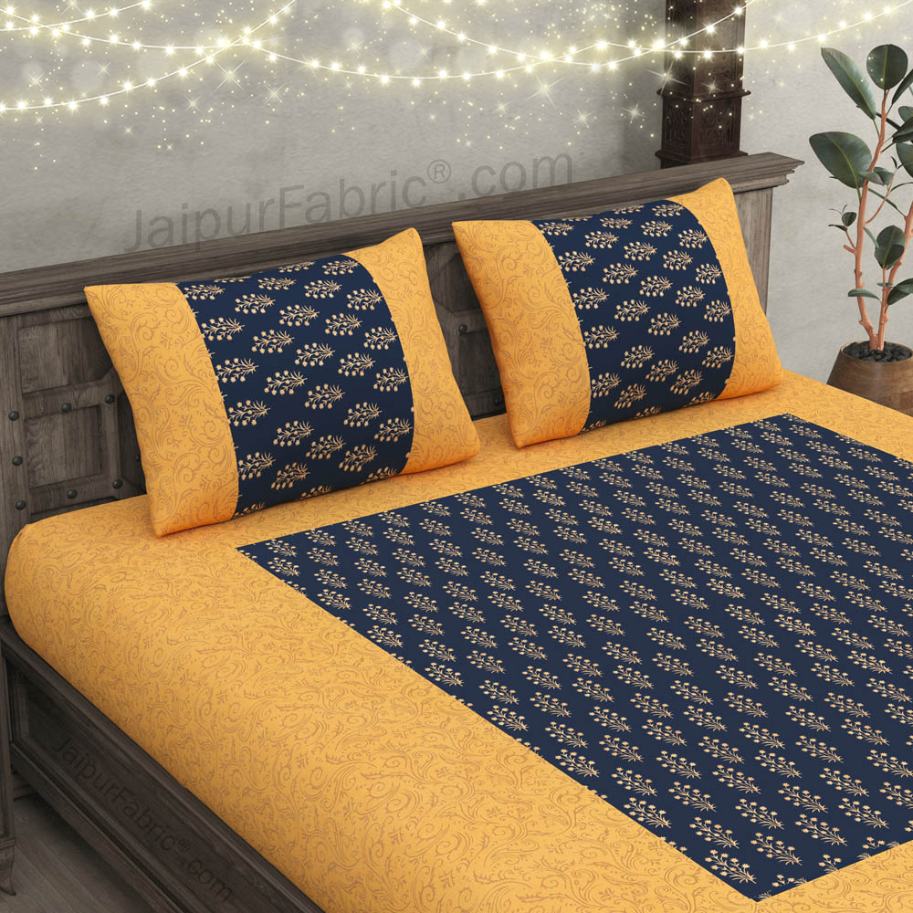 Patola Gold Navy Blue Sparkle Festive Cotton BedSheet