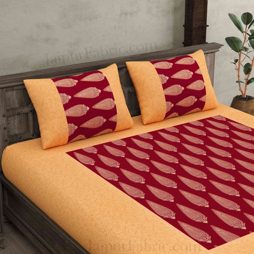 Patola BedSheet in Royal Maroon Base Cream Border Gold Print Kerry Pattern Super Fine Cotton with 2 pillow covers