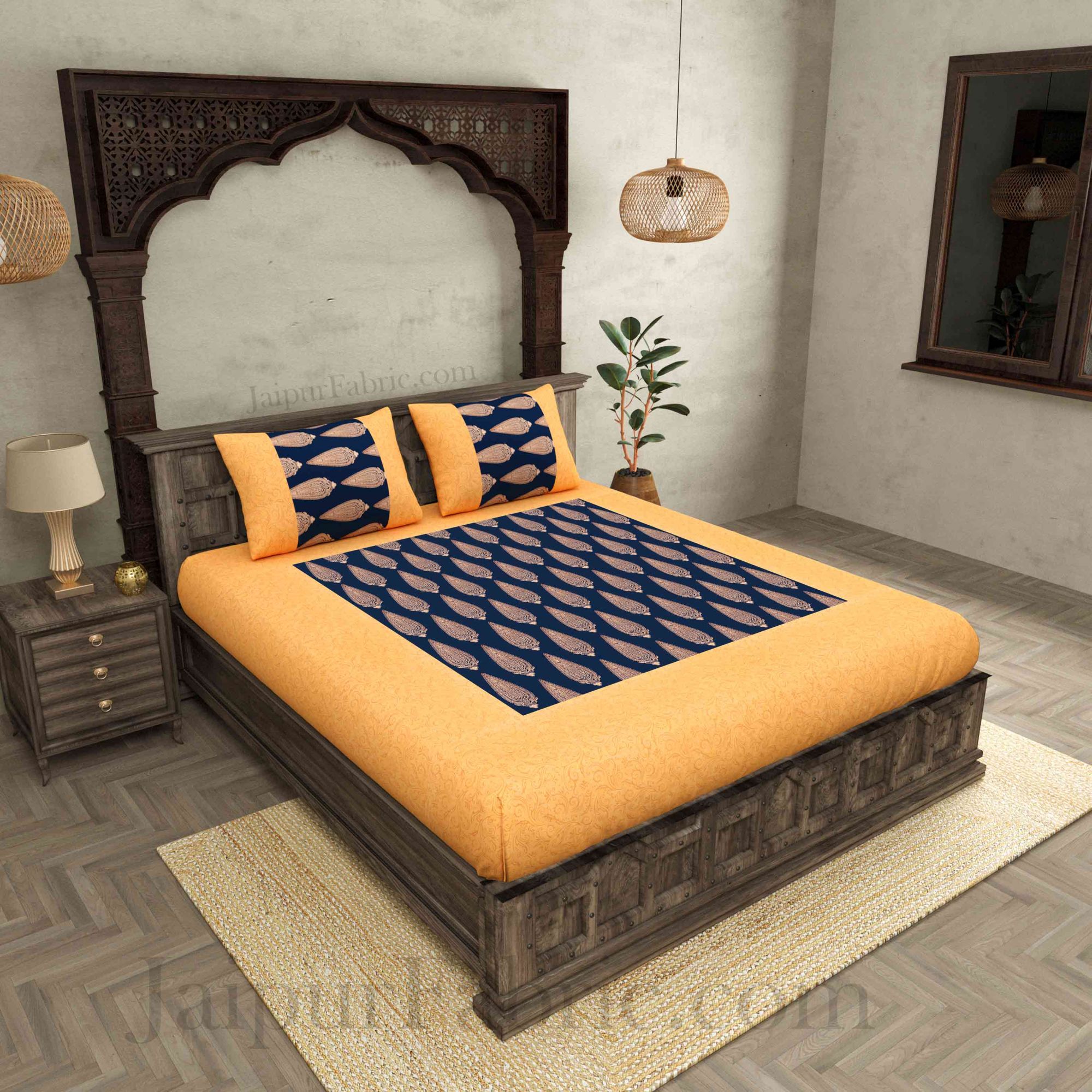 Patola BedSheet in Navy Blue Base Cream Border Gold Print Kerry Pattern Super Fine Cotton with 2 pillow covers