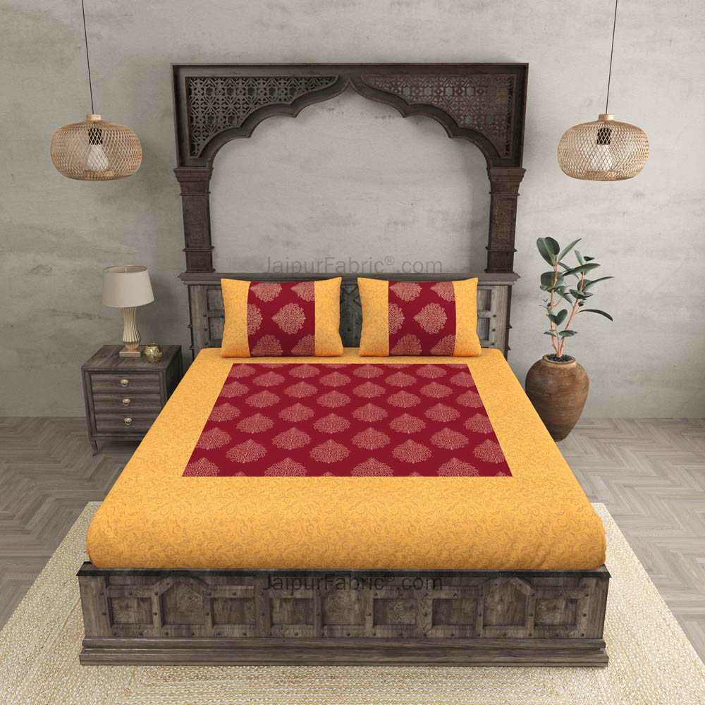 Patola Gold Royal Maroon Paan Festive Cotton BedSheet