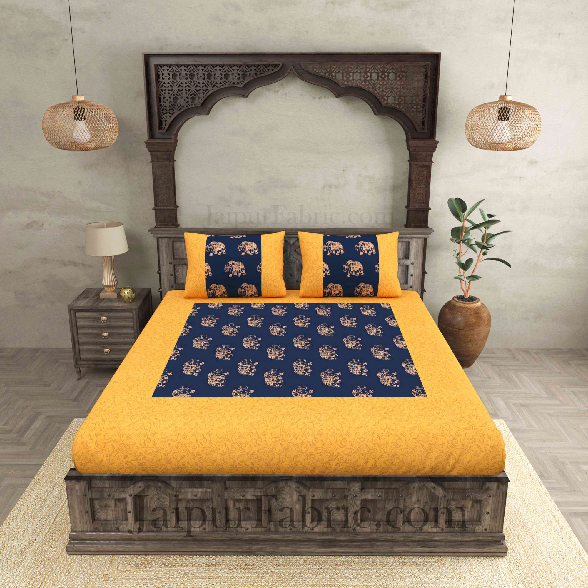Patola Gold Navy Blue Elephant Festive Cotton BedSheet