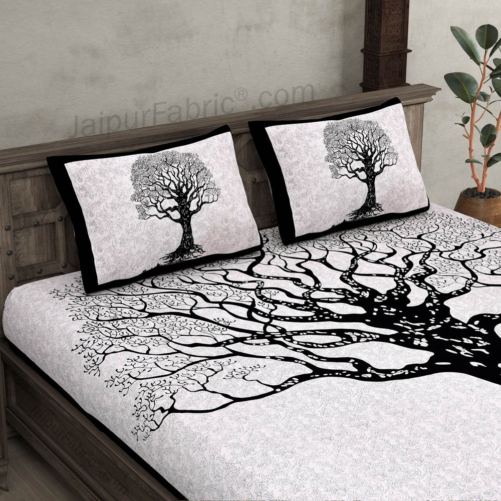 Black Border Cream base Big Tree Design, Fine Cotton Double Bed Sheet
