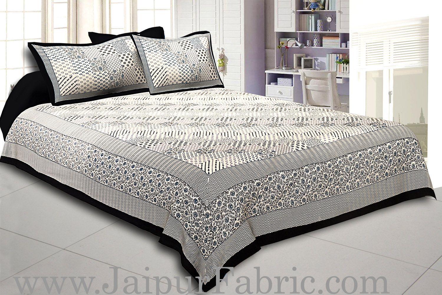 Black Border With Multi Checkered Fine Cotton Double Bedsheet With  Two Pillow Cover