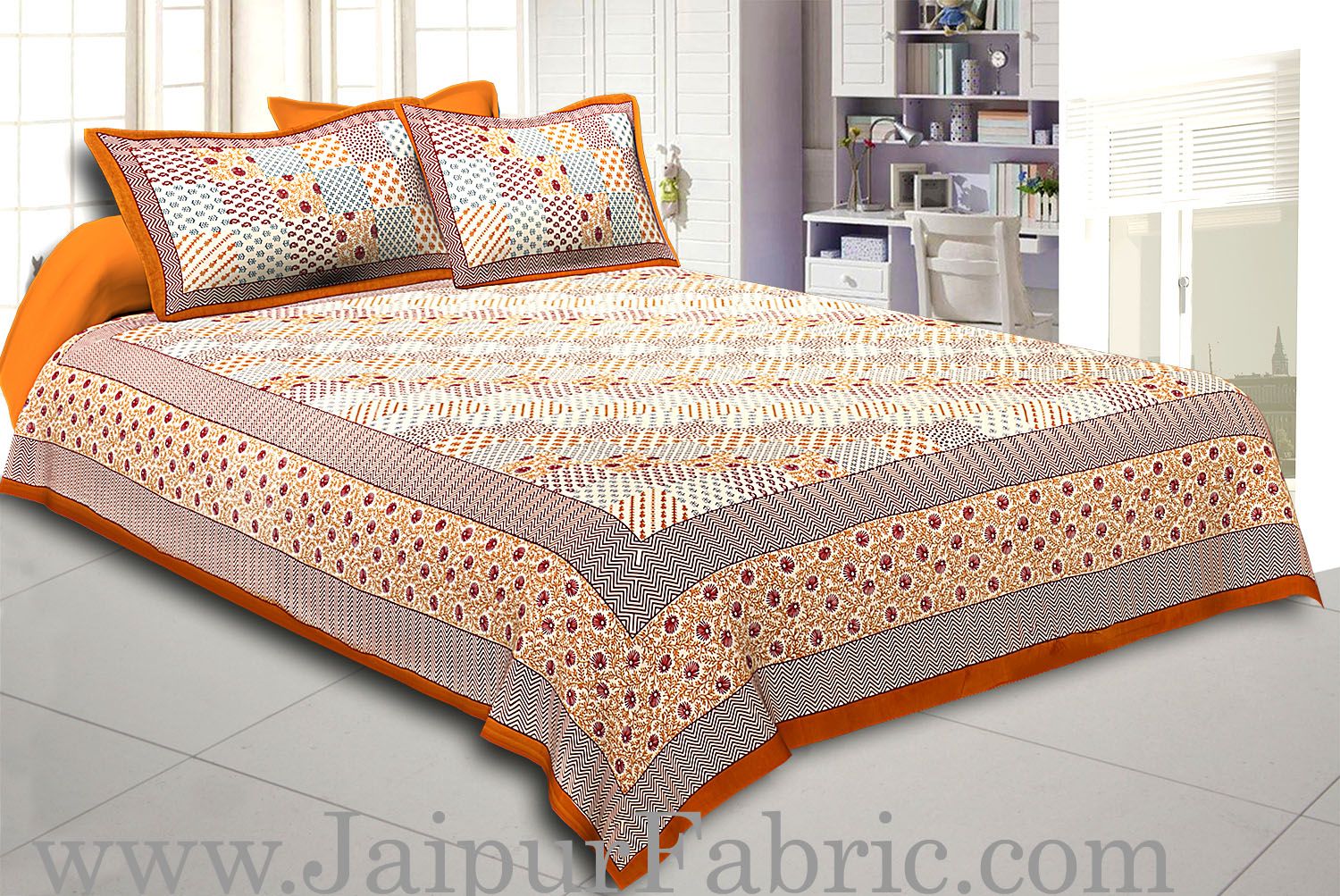 Brown Border With Multi Checkered  Fine Cotton Double Bedsheet With Two Pillow Cover