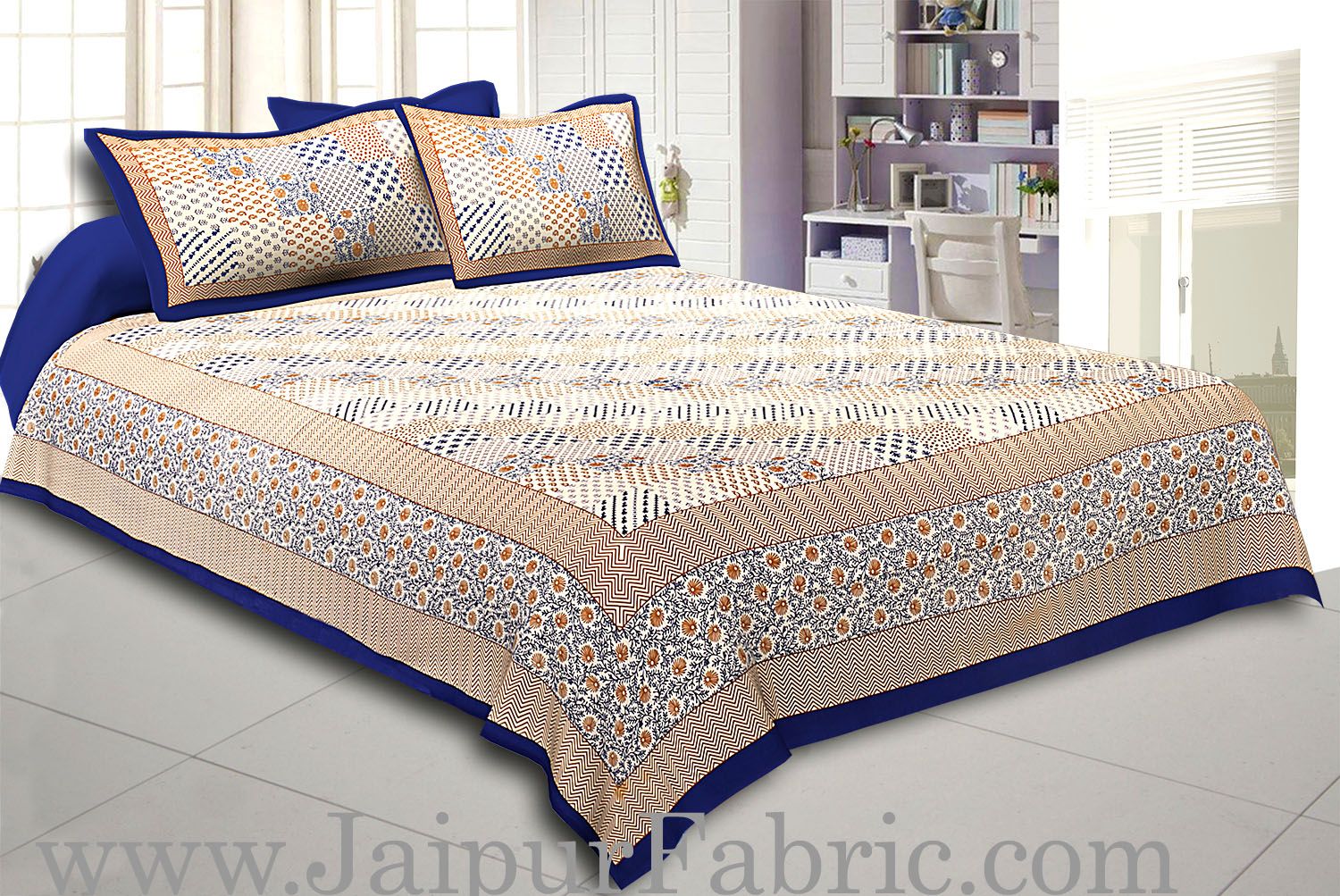 Blue Border With Multi Checkered Fine Cotton Double Bedsheet With  Two Pillow Order