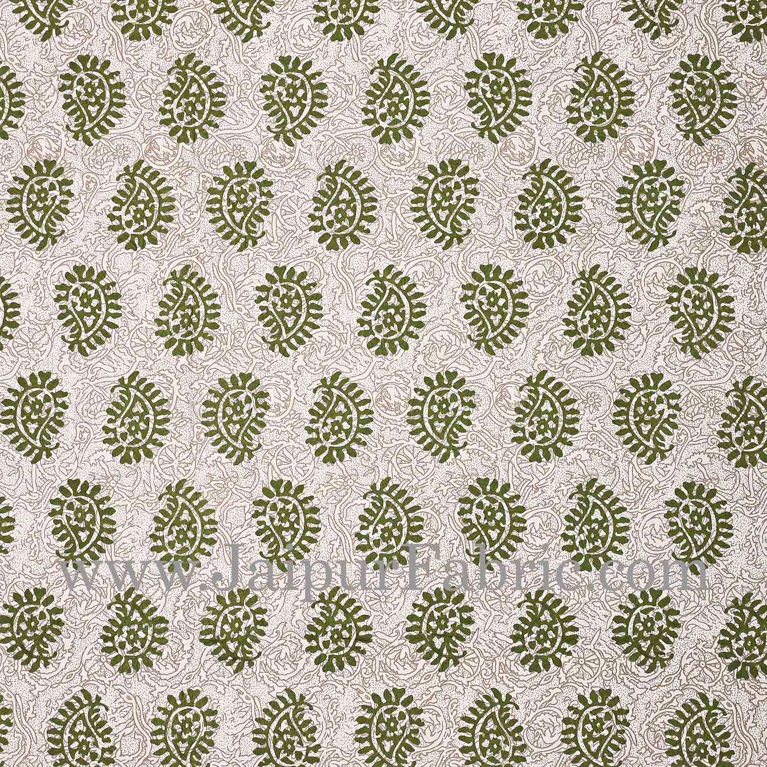 Green Border  Cream Base Kerry Pattern Hand Block Print Super Fine Cotton Bed Sheet