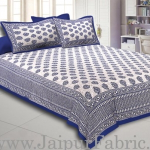 Blue Border  Cream Base Kerry Pattern Hand Block Print Super Fine Cotton Bed Sheet