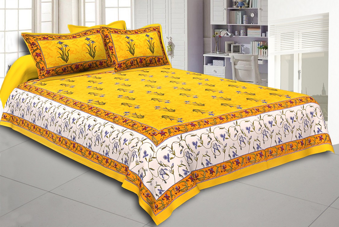 Yellow And Cream Border Yellow Base With  Small Mughal Print Cotton Double Bedsheet