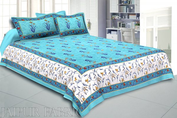 Sea Green And Cream Border With Sea Green Base With  Small Mughal Print Cotton Double Bedsheet