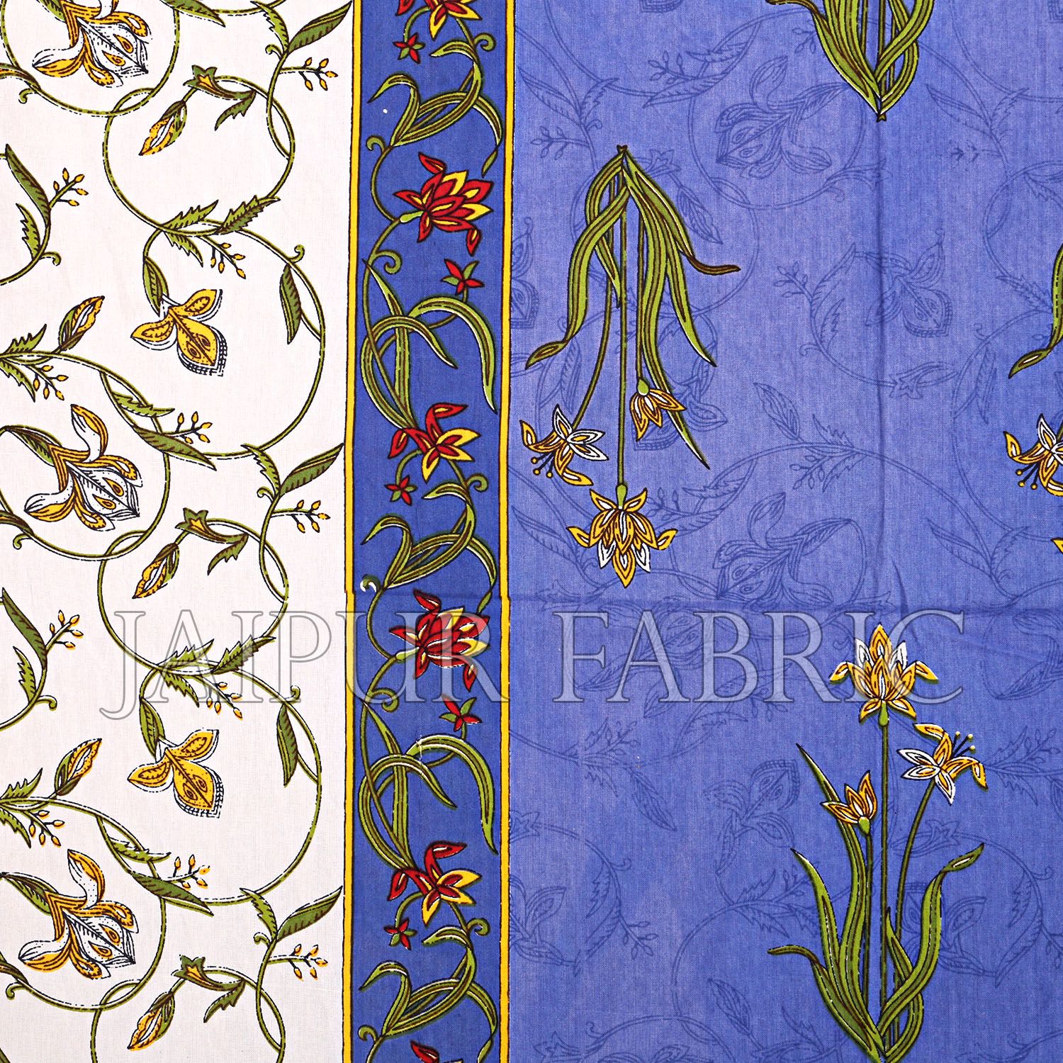 Blue And Cream Border With Blue Base With  Small Mughal Print Cotton Double Bedsheet