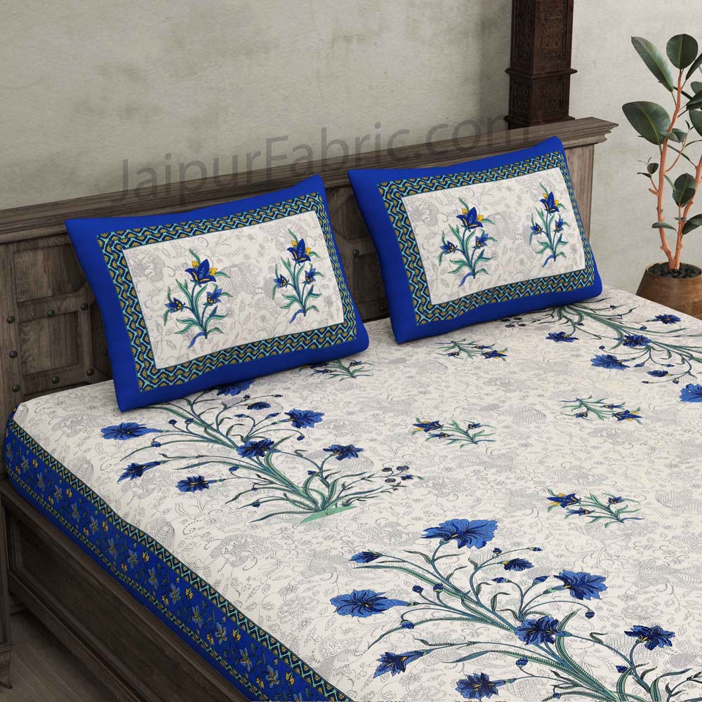 Blue Border Cream Base  Bud And Tree  Print Cotton Double  Bed Sheet