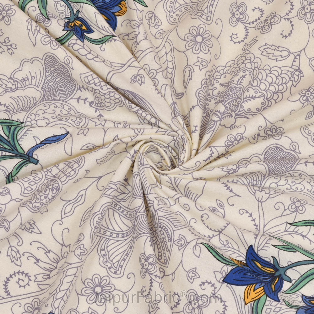 Blue Border Cream Base  Bud And Tree  Print Cotton Double  Bed Sheet