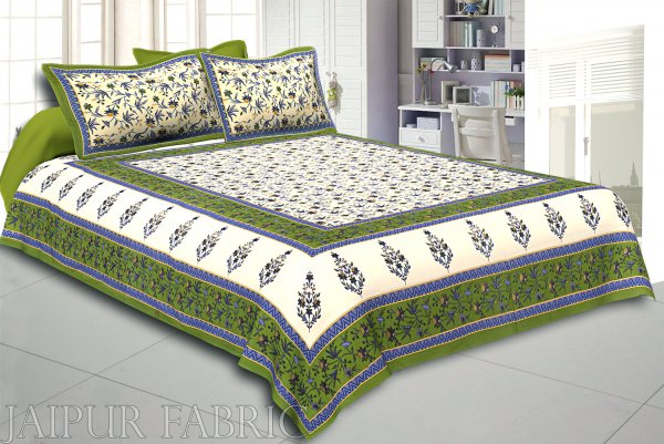 Green  Border Cream Base Floral Print Cotton Double Bedsheet