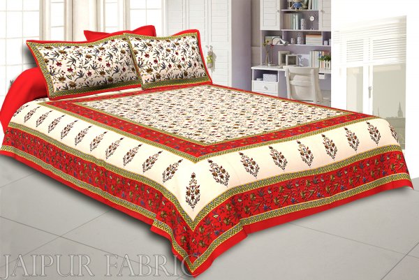 Red Border Cream Base Floral Print Cotton Double Bedsheet