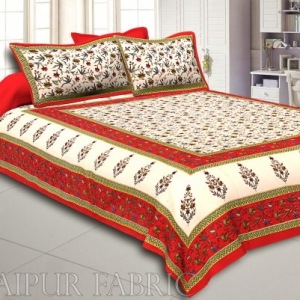 Red Border Cream Base Floral Print Cotton Double Bedsheet