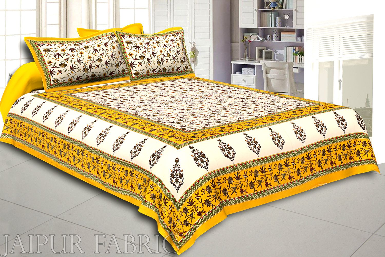 Yellow Border Cream Base Floral Print Cotton Double Bedsheet