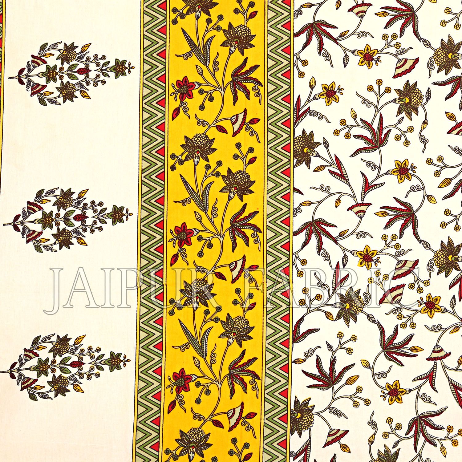 Yellow Border Cream Base Floral Print Cotton Double Bedsheet