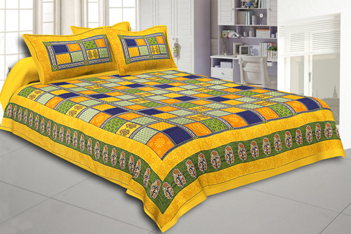 Yellow Border Multi Colour Checkered Super fine Coton Double Bedsheet