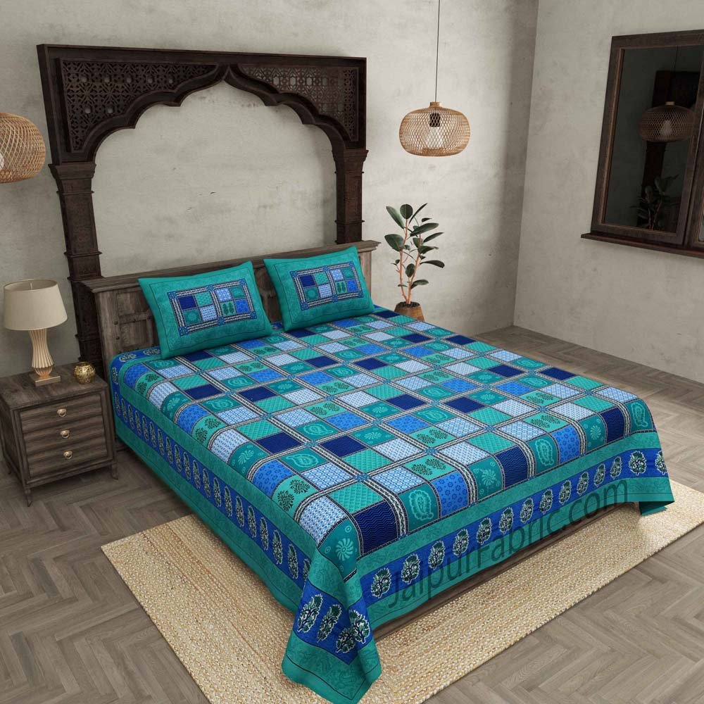 Sea Green  Border Multicolor Checkered Super fine Cotton Double Bedsheet