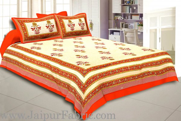 Orange Border Cream Base Floral  Print Super Fine Cotton Double Bed Sheet