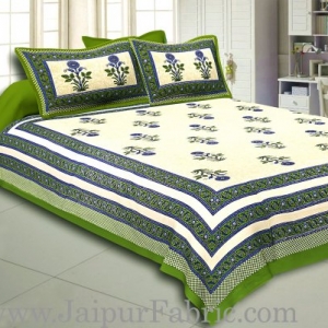 Green Border Cream Base Floral  Print Super Fine Cotton Double Bed Sheet