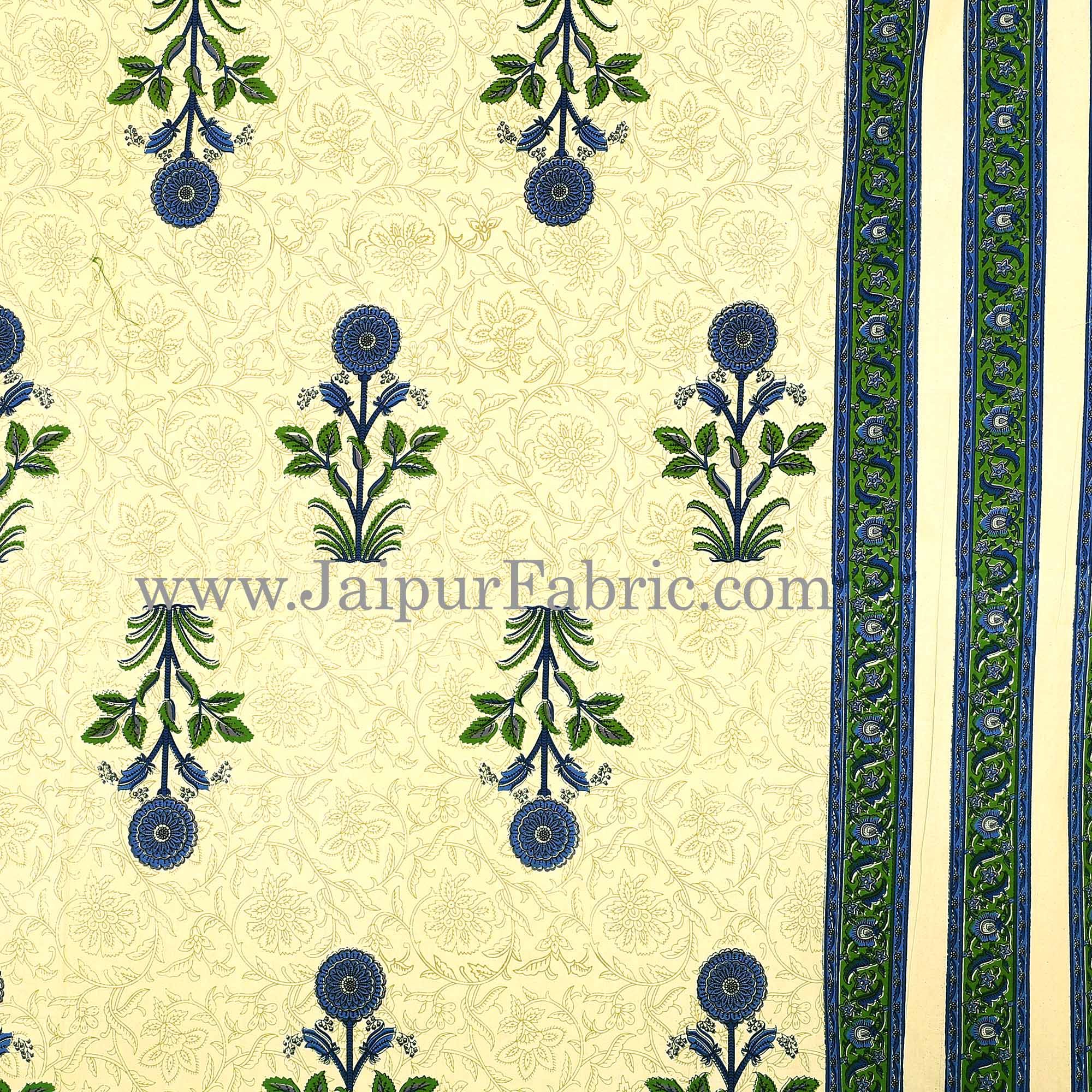 Green Border Cream Base Floral  Print Super Fine Cotton Double Bed Sheet