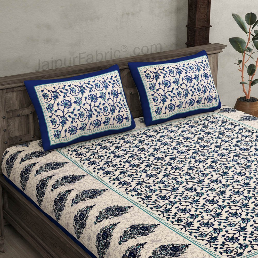 Blue Border Tropical keri Design Cotton Double Bed Sheet