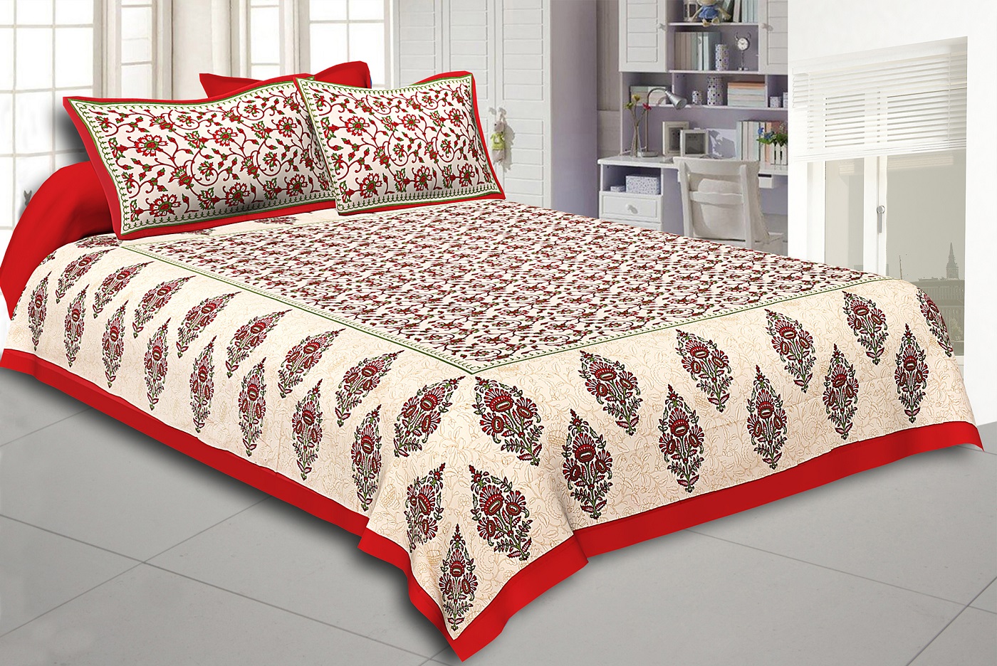Maroon Border Tropical keri Design Cotton Double Bed Sheet