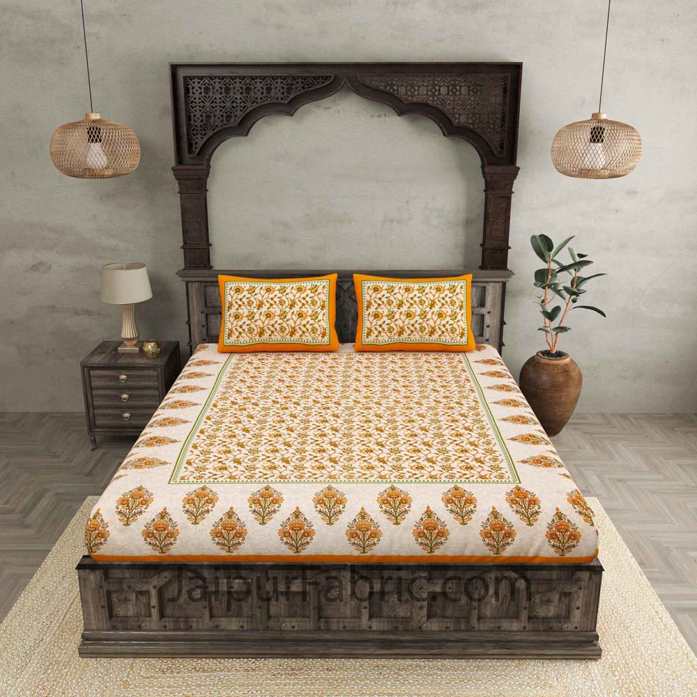 Yellow Border Tropical keri Design Cotton Double Bed Sheet