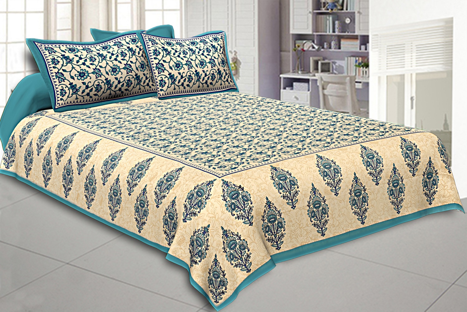 Sea Green  Border Tropical keri Design Cotton Double Bed Sheet